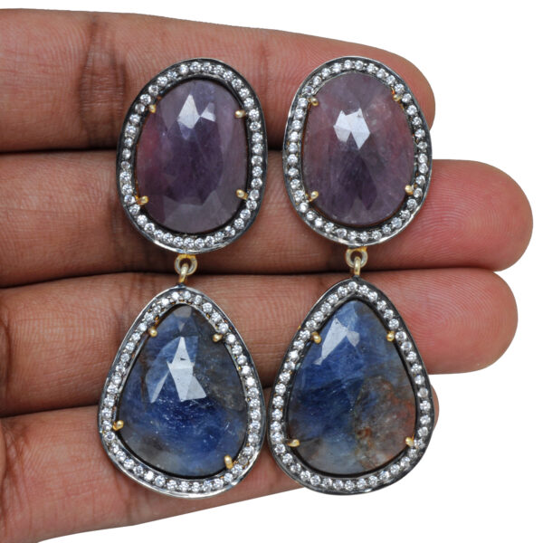 Natural Blue Sapphire & Ruby Gemstone 925 Silver Earrings Se011083