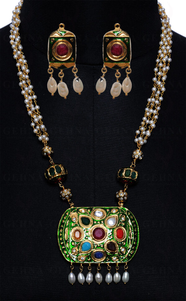 Multi Color Stone Studded Jadau Pendant Set, Green Enamel & Pearl Chain Ln011084