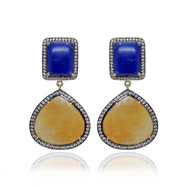 Yellow Sapphire & Lapiz Lazuli Gemstone Studded 925 Silver Earrings Se011084