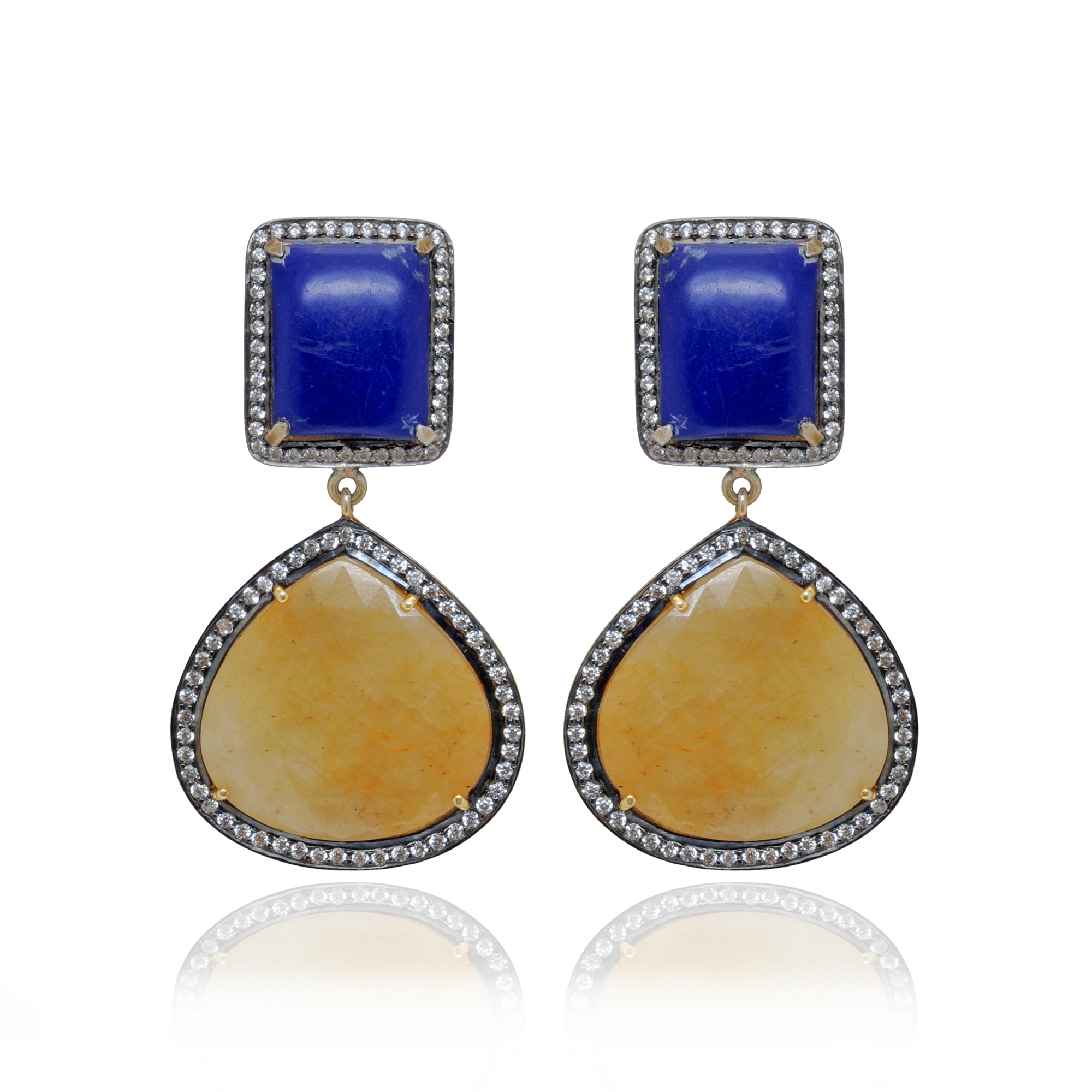 Yellow Sapphire & Lapiz Lazuli Gemstone Studded 925 Silver Earrings Se011084