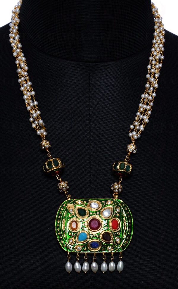 Multi Color Stone Studded Jadau Pendant Set, Green Enamel & Pearl Chain Ln011084