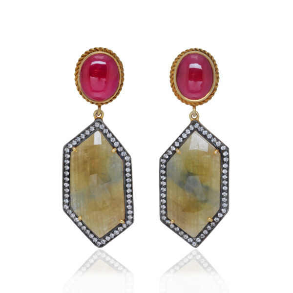 Yellow Sapphire & Tourmaline Gemstone Studded 925 Silver Earrings Se011085