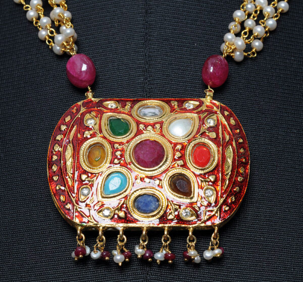 9 Color Stone Studded Jadau Pendant Set, Red Enamel & Pearl Chain Ln011085