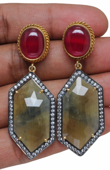 Yellow Sapphire & Tourmaline Gemstone Studded 925 Silver Earrings Se011085