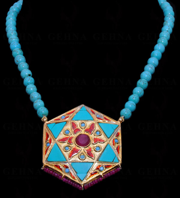 Ruby & Turquoise Gemstone Lac Bead Necklace Ln011087