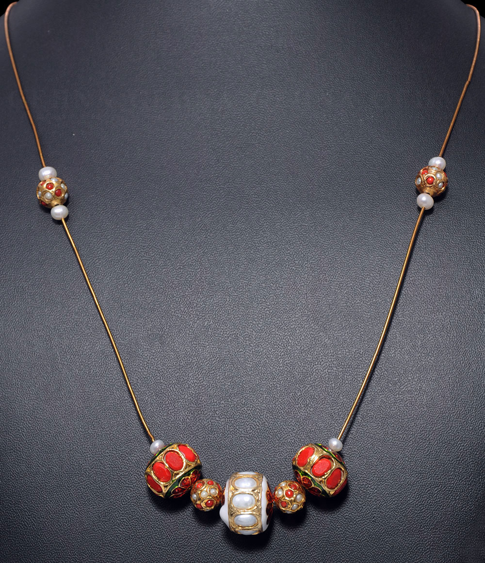 Pearl & Coral Gemstone Jadau Lac Ball Necklace Ln011092