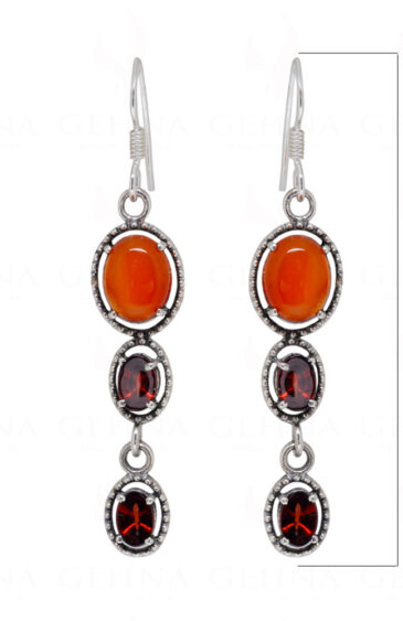 Carnelian & Garnet Round Shaped Gemstone Studded 925 Silver Earrings SE04-1093
