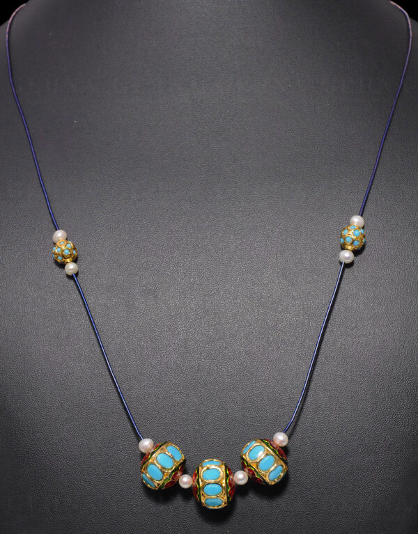 Pearl & Turquoise Gemstone Jadau Lac Ball Necklace Ln011094