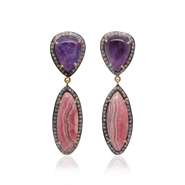 Amethyst & Rhodochrosite Gemstone Earrings Made In 925 Silver Se011094