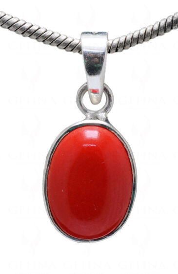 Oval Shape Manmade Coral Stone Studded 925 Silver Pendant SP02-1094