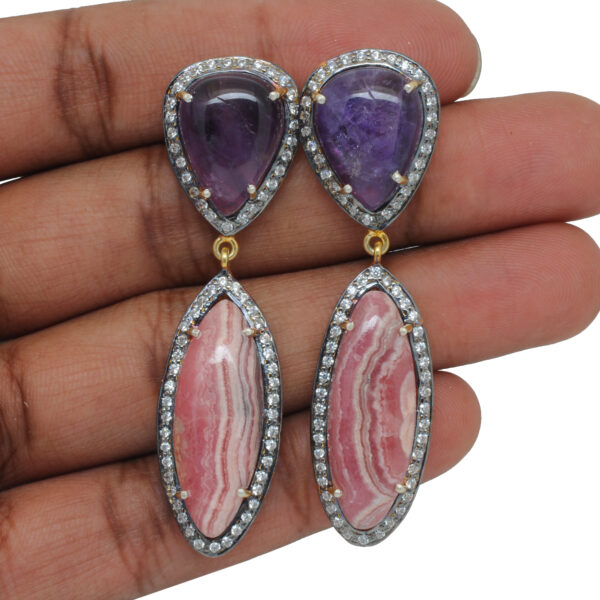 Amethyst & Rhodochrosite Gemstone Earrings Made In 925 Silver Se011094
