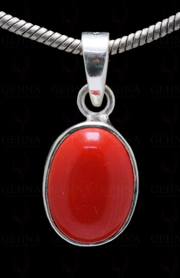 Oval Shape Manmade Coral Stone Studded 925 Silver Pendant SP02-1094