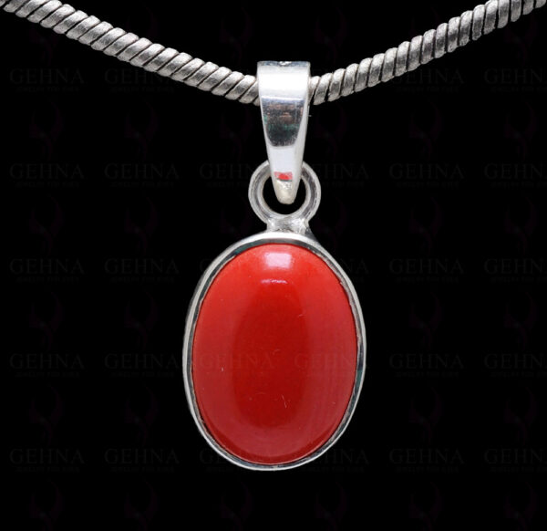 Oval Shape Manmade Coral Stone Studded 925 Silver Pendant SP02-1094