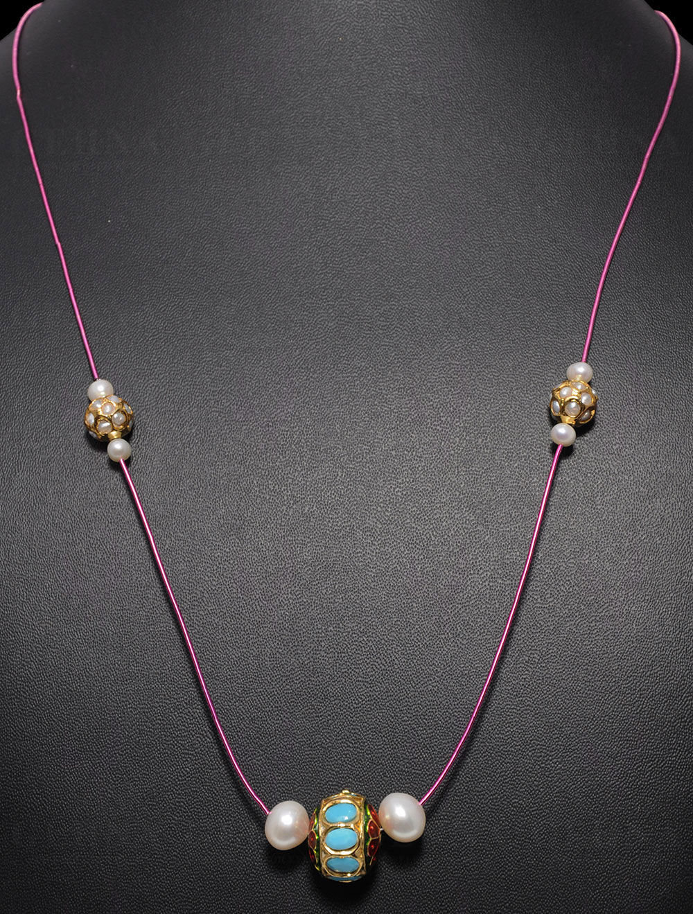 Pearl & Turquoise Gemstone Jadau Lac Ball Necklace Ln011096