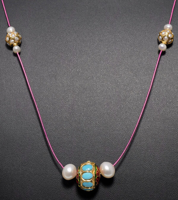 Pearl & Turquoise Gemstone Jadau Lac Ball Necklace Ln011096