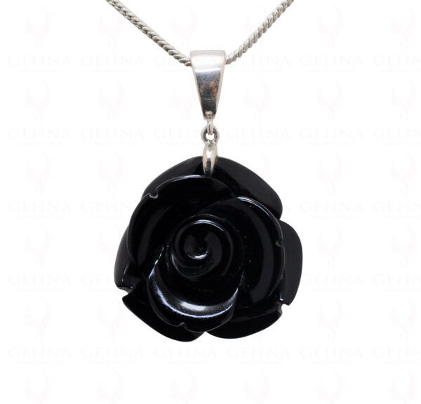 Black Onyx Rose Shape Carved Gemstone Studded 925 Silver Pendant Sp031097