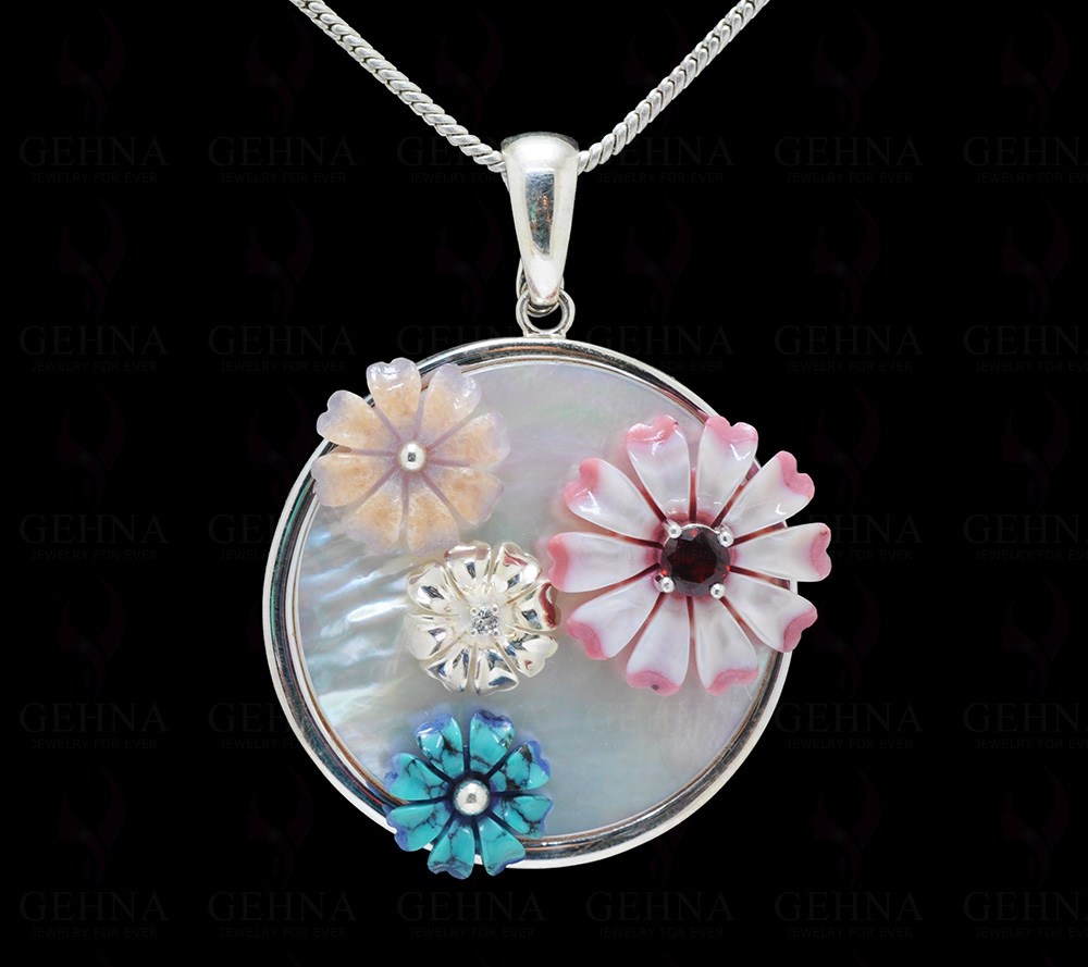 Mother Of Pearl & Multi Color Gemstone Studded 925 Silver Pendant Sp031100