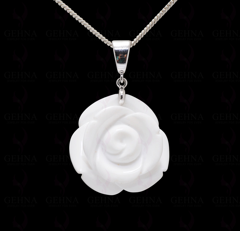 White Coral Rose Shape Carved Stone Studded 925 Silver Pendant Sp031101