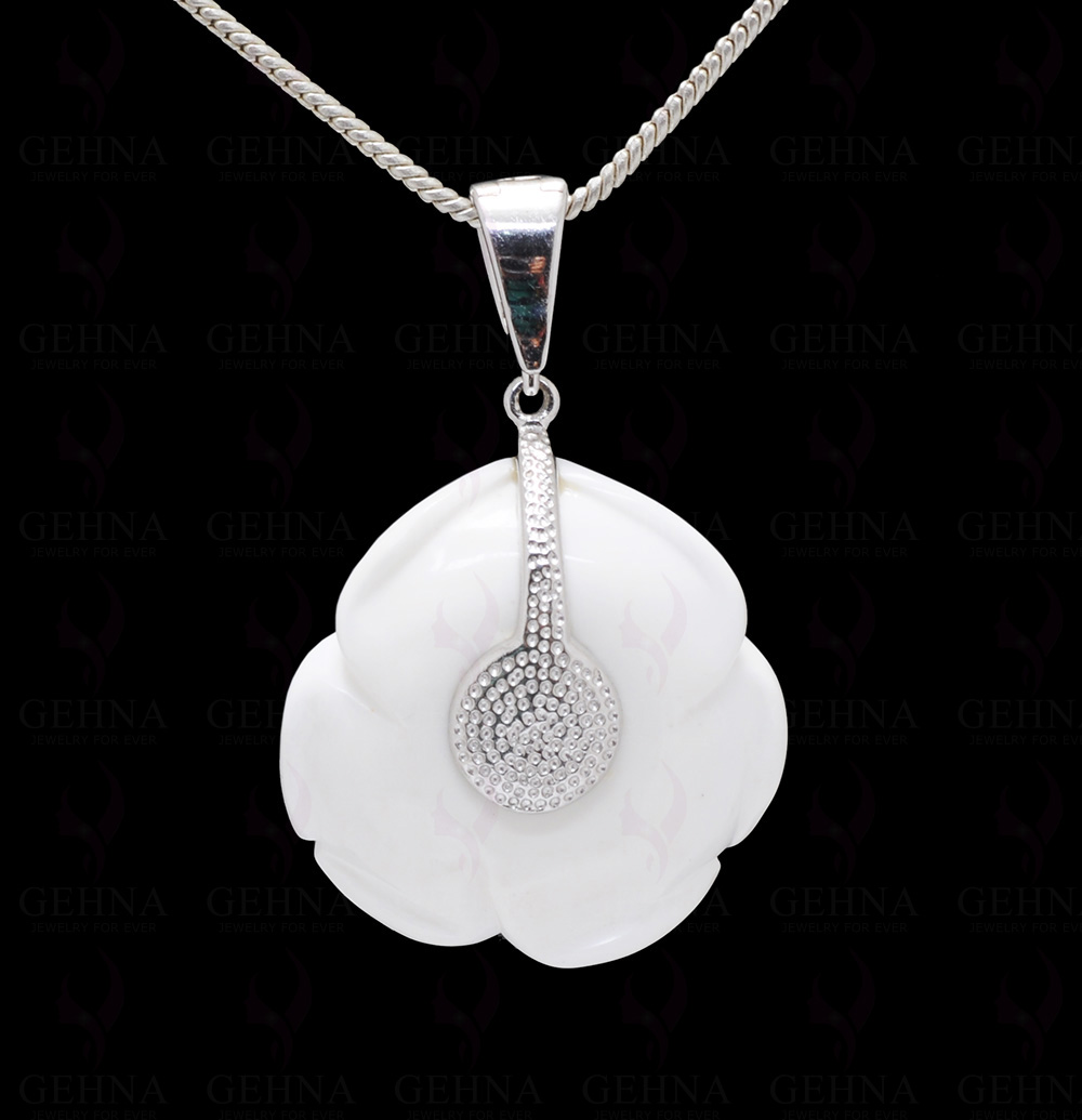 White Coral Rose Shape Carved Stone Studded 925 Silver Pendant Sp031101
