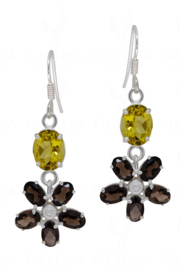 Lemon Topaz & Smoky Flower Shaped Gemstone Studded 925 Silver Earrings SE04-1102