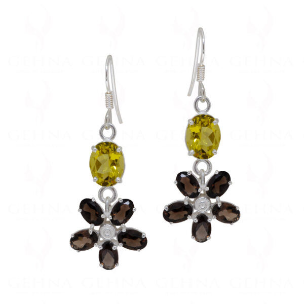 Lemon Topaz & Smoky Flower Shaped Gemstone Studded 925 Silver Earrings SE04-1102