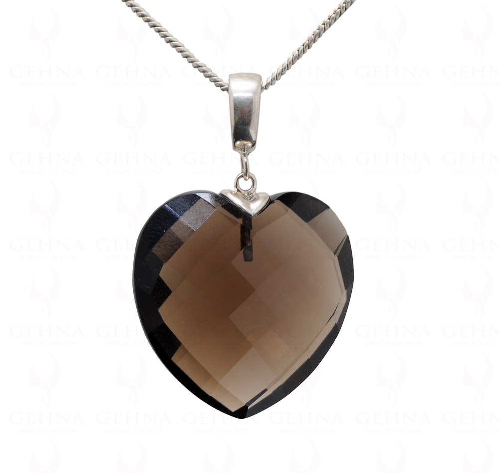 Smoky Quartz Heart Shape Checker Cut Gemstone 925 Silver Pendant Sp031102