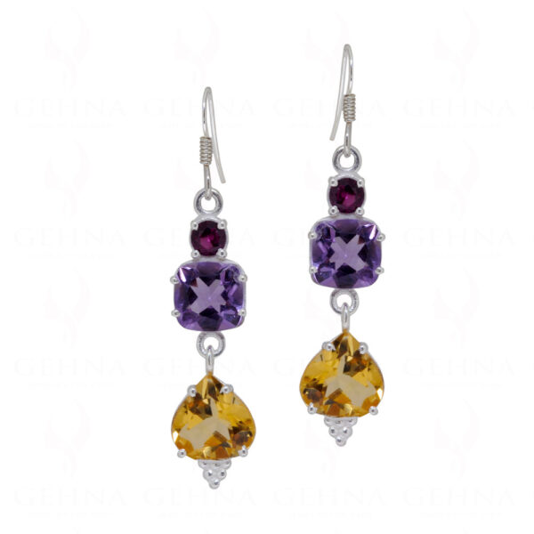 Amethyst & Citrine Teardrop Shaped Gemstone Studded 925 Silver Earrings SE04-1105