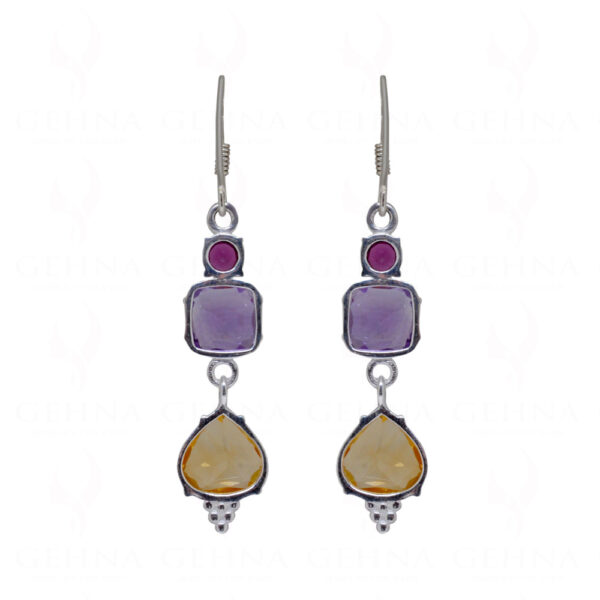 Amethyst & Citrine Teardrop Shaped Gemstone Studded 925 Silver Earrings SE04-1105