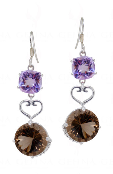 Amethyst & Smoky Round Shaped Gemstone Studded 925 Silver Earrings SE04-1117