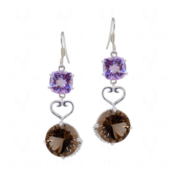 Amethyst & Smoky Round Shaped Gemstone Studded 925 Silver Earrings SE04-1117