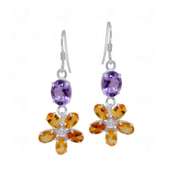 Amethyst & Citrine Flower Shaped Gemstone Studded 925 Silver Earrings SE04-1132