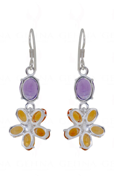 Amethyst & Citrine Flower Shaped Gemstone Studded 925 Silver Earrings SE04-1132