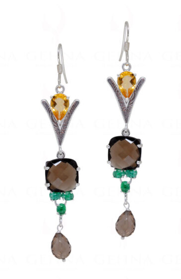 Smoky, Citrine & Emerald Gemstone Studded 925 Sterling Silver Earrings SE04-1135