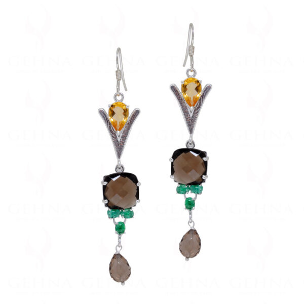 Smoky, Citrine & Emerald Gemstone Studded 925 Sterling Silver Earrings SE04-1135