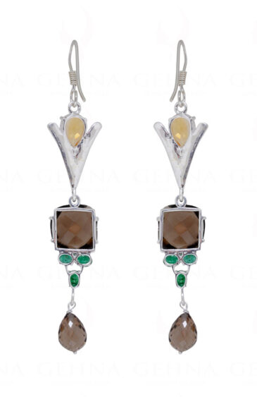 Smoky, Citrine & Emerald Gemstone Studded 925 Sterling Silver Earrings SE04-1135