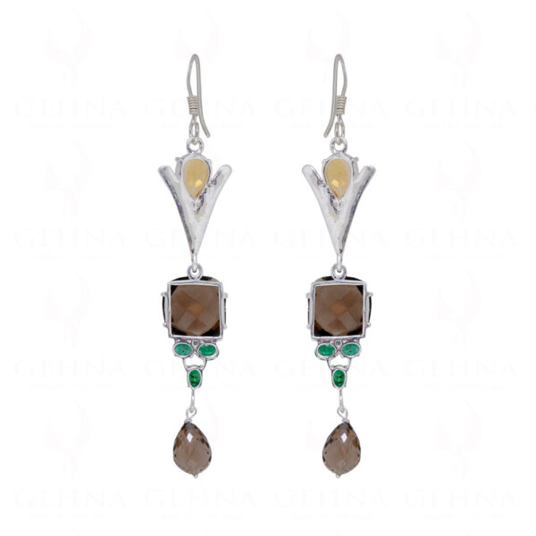 Smoky, Citrine & Emerald Gemstone Studded 925 Sterling Silver Earrings SE04-1135