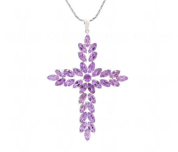 Amethyst Cross Shape Gemstone Studded 925 Sterling Silver Pendant SP02-1136