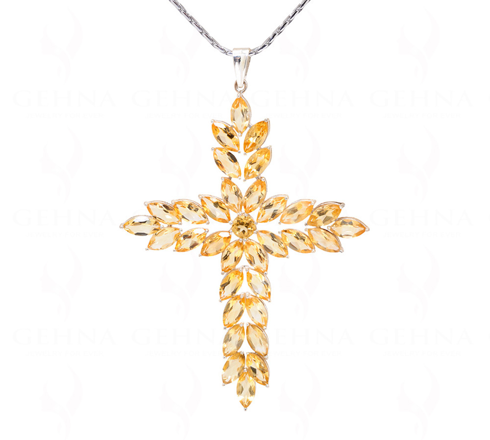 Citrine Cross Shape Gemstone Studded 925 Sterling Silver Pendant SP02-1137