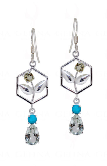 Aquamarine, Topaz & Multicolor Gemstone Studded 925 Silver Earrings SE04-1138