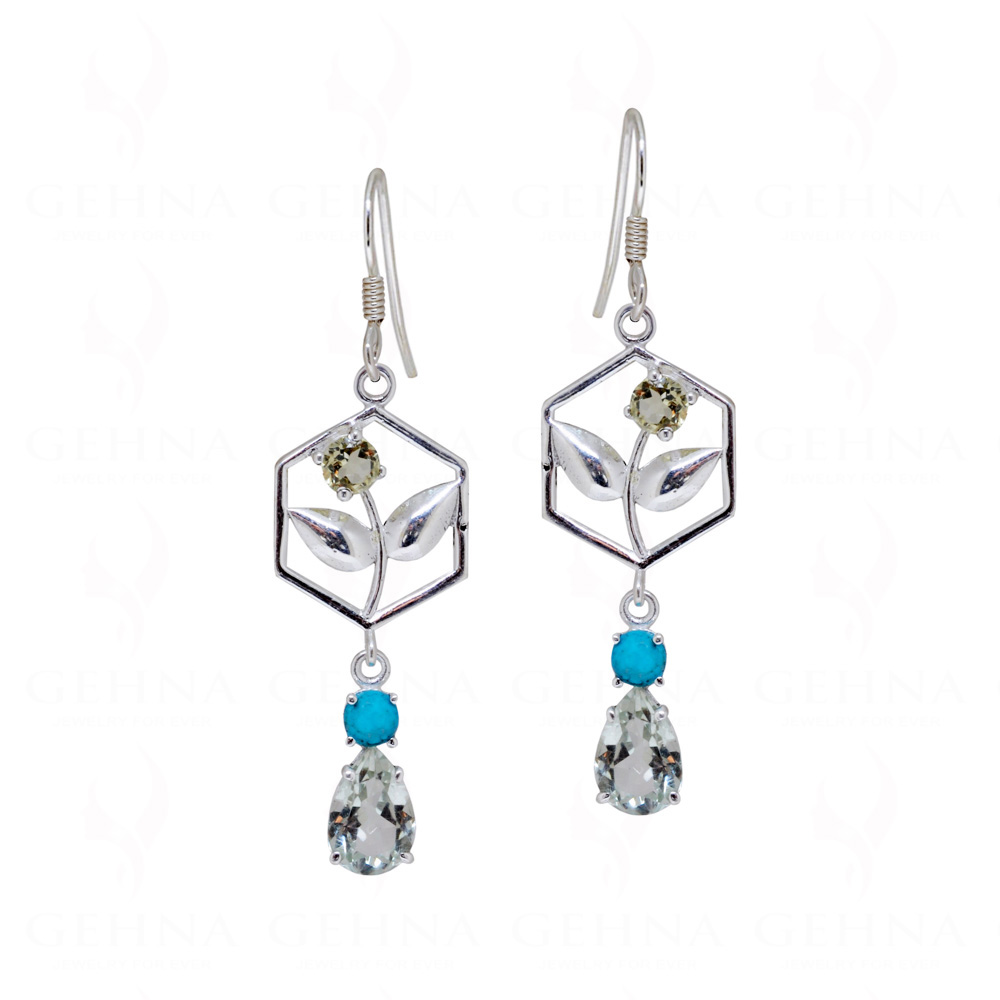 Aquamarine, Topaz & Multicolor Gemstone Studded 925 Silver Earrings SE04-1138