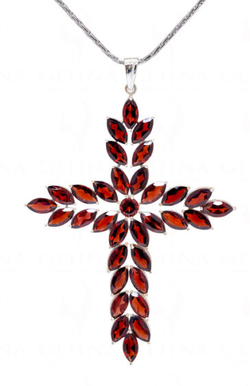 Red Garnet Cross Shape Gemstone Studded 925 Sterling Silver Pendant SP02-1138