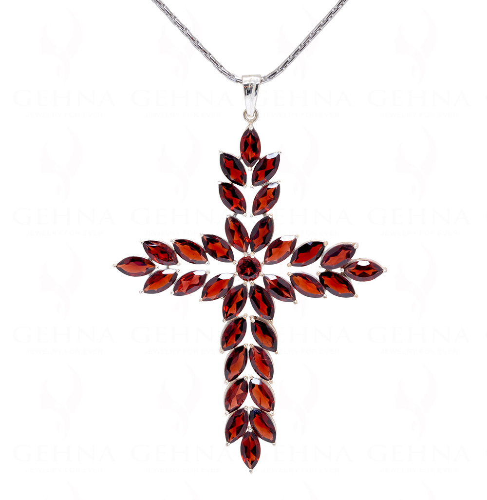 Red Garnet Cross Shape Gemstone Studded 925 Sterling Silver Pendant SP02-1138