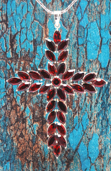 Red Garnet Cross Shape Gemstone Studded 925 Sterling Silver Pendant SP02-1138