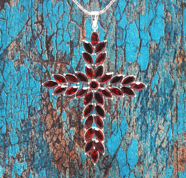 Red Garnet Cross Shape Gemstone Studded 925 Sterling Silver Pendant SP02-1138