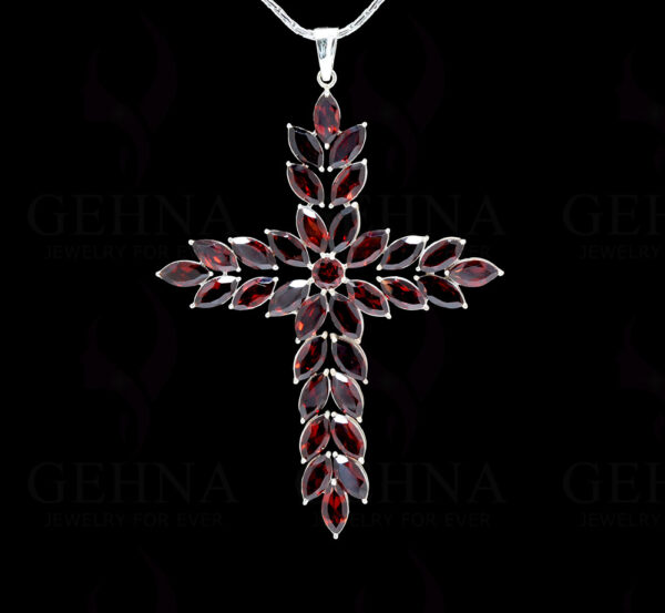 Red Garnet Cross Shape Gemstone Studded 925 Sterling Silver Pendant SP02-1138