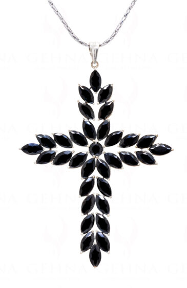 Black Spinel Cross Shape Gemstone Studded 925 Sterling Silver Pendant SP02-1139