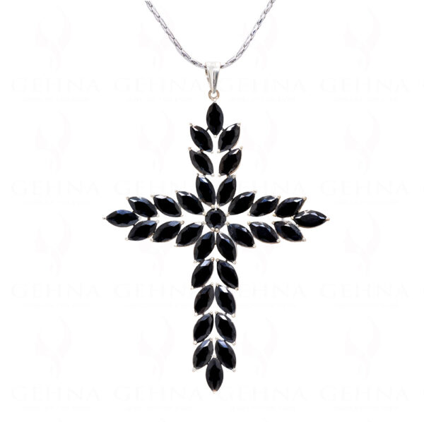 Black Spinel Cross Shape Gemstone Studded 925 Sterling Silver Pendant SP02-1139