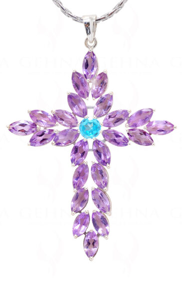 Amethyst & Topaz Cross Shape Gemstone Studded Silver Pendant SP02-1141