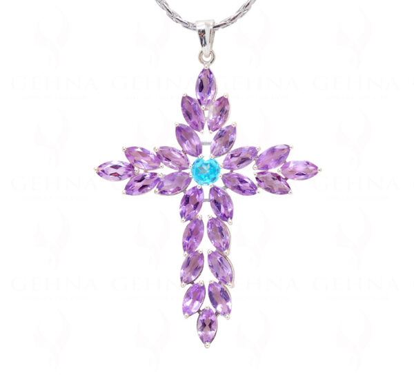 Amethyst & Topaz Cross Shape Gemstone Studded Silver Pendant SP02-1141