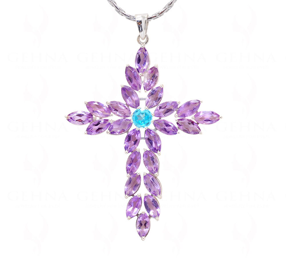 Amethyst & Topaz Cross Shape Gemstone Studded Silver Pendant SP02-1141